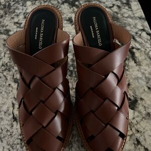 Paloma Barceló Aubrey cognac woven Leather Slide Mules